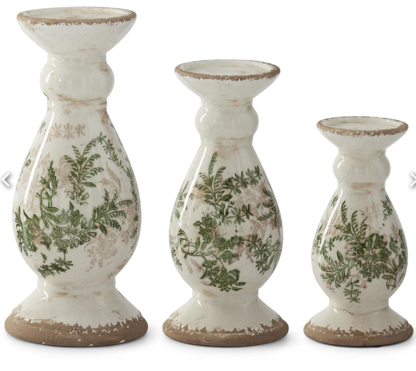Green & Cream w/Brown Crackled Ceramic Chinoiserie Candleholder