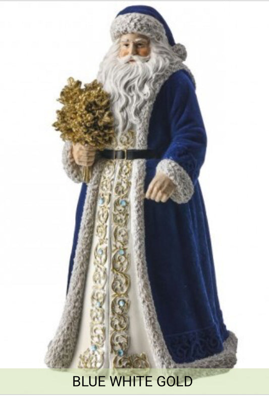 12" RESIN SANTA W/BROCADE WITH HOLLY BUSH