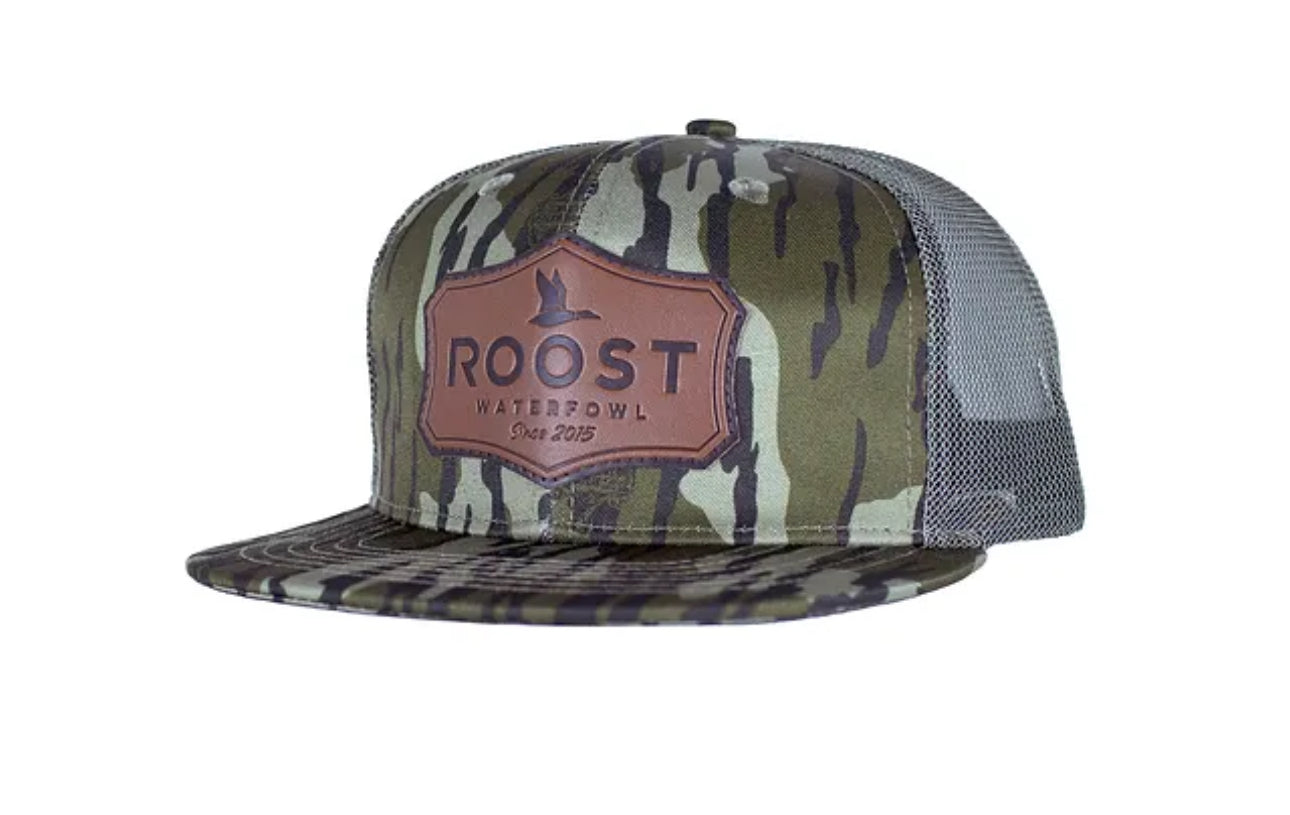 Roost bottomland leather shield patch hat camo