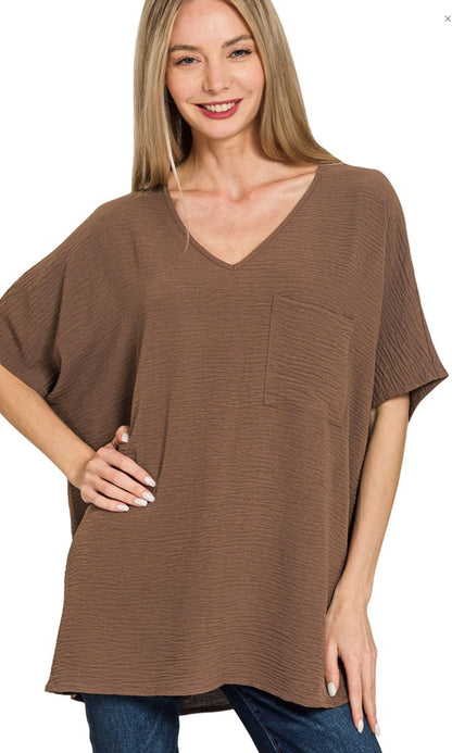 Woven Airflow V-neck Dolman Short Sleeve Top