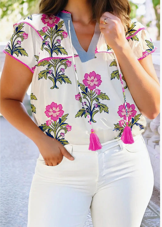 Vintage floral print contrast notched v neck blouse