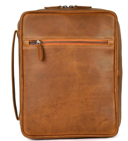 11 INCH BROWN LEATHER BIBLE COVER W/INTERNAL COMPARTMENTS & HANDLE