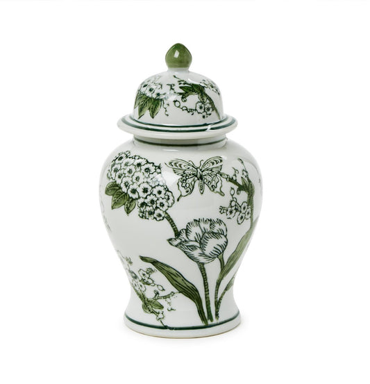 Primrose and Lotus Green and White Chinoiserie Jar 8”