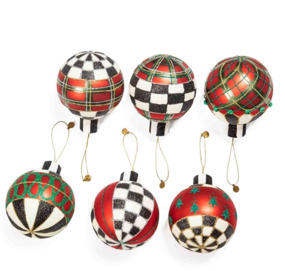 tartan glass large ball ornaments, set of 6