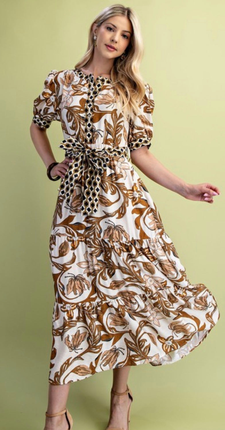 Brown floral print tiered half button dress