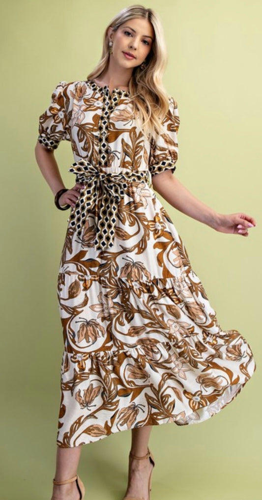 Brown floral print tiered half button dress