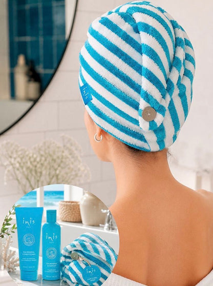 Inis Microfiber Towel Hair Wrap in Blue and White Stripe