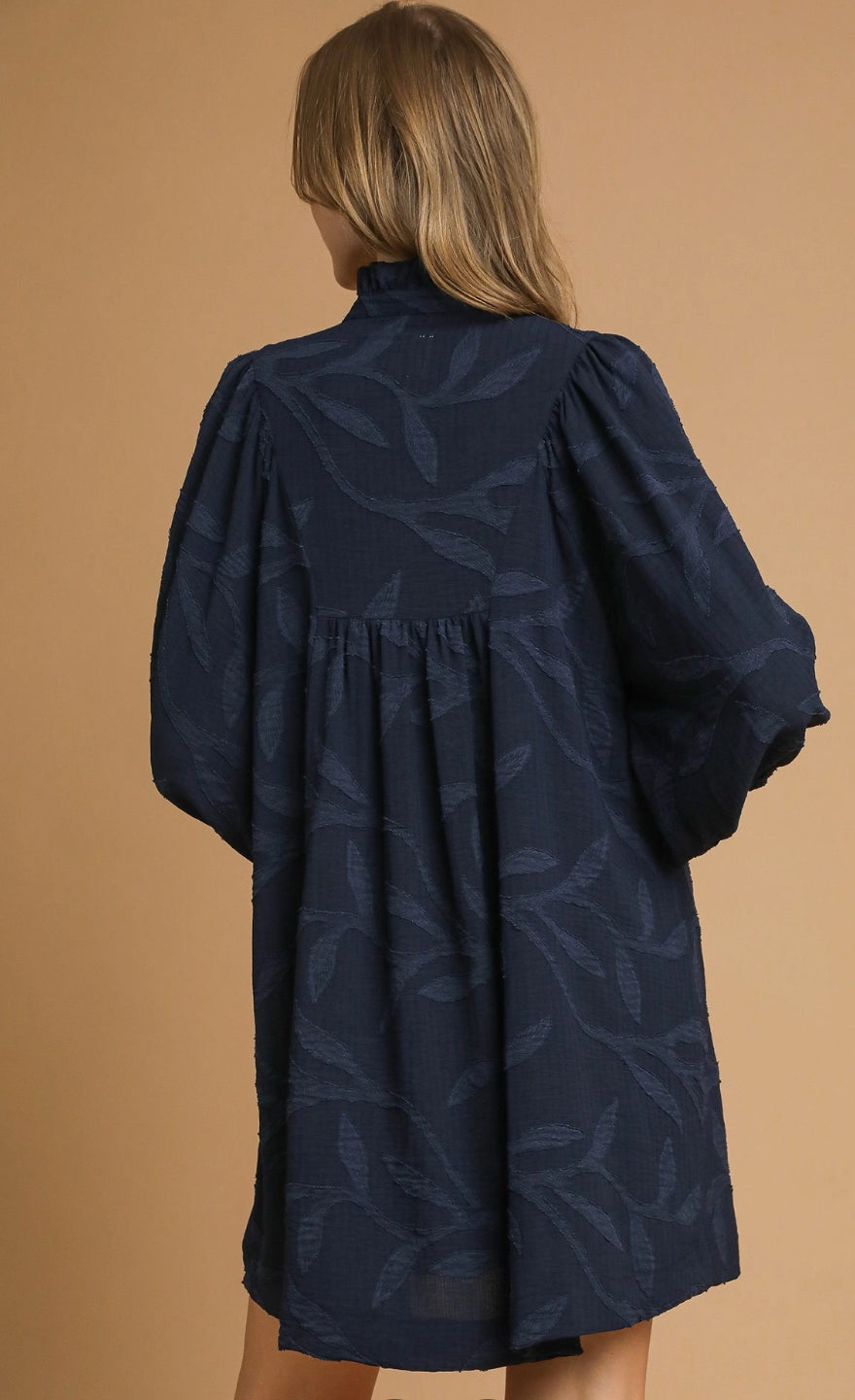 Jacquard High Ruffle Neck Dress-navy
