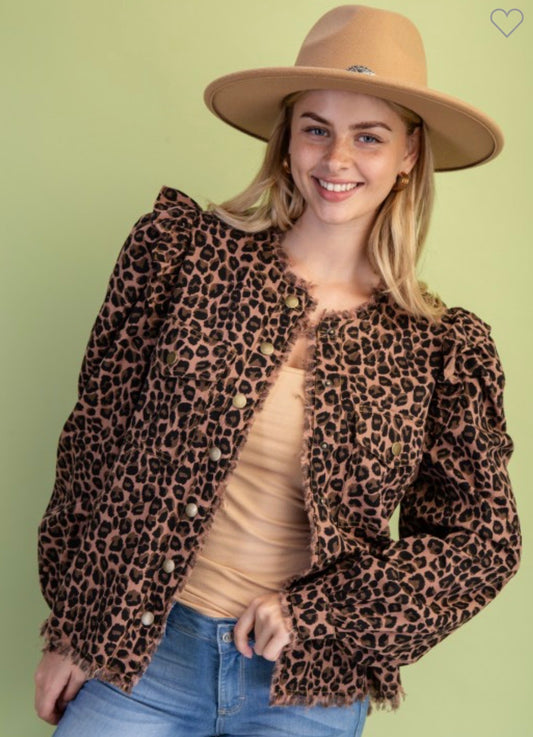 Leopard collarless snap closure lightweight jacket with ruffled shoulders and frayed edge