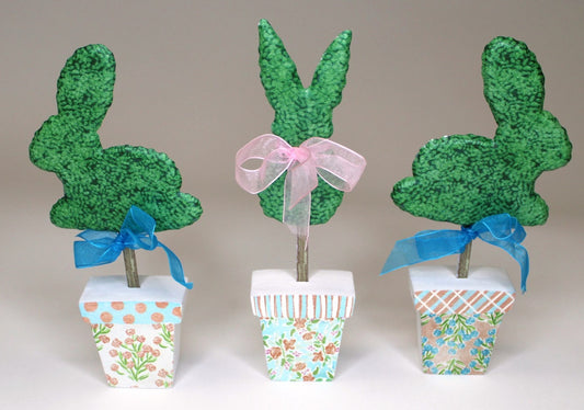 2.5-4x8.5-9" Bunny Topiary, MDF Pots with Metal Bunnies