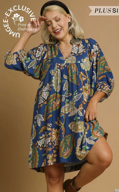 Abstract Print Puff Sleeve Babydoll Dress