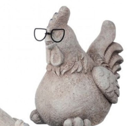 Resin chicken with metal glasses