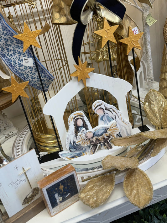 Cut out wood nativity with stars