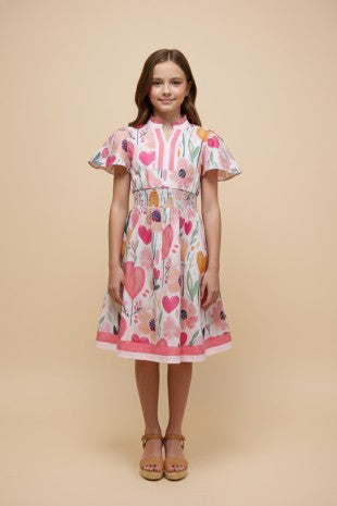 Girls floral print contrast, banded Poplin dress