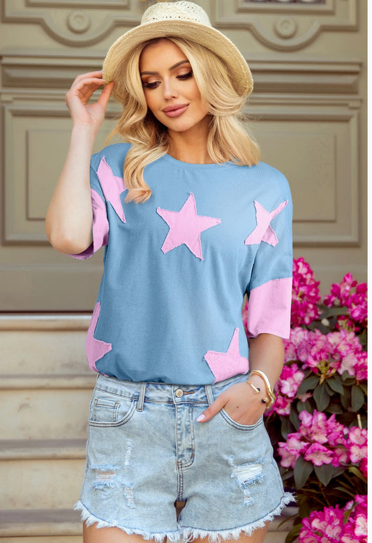 Frayed star denim patchwork shirt