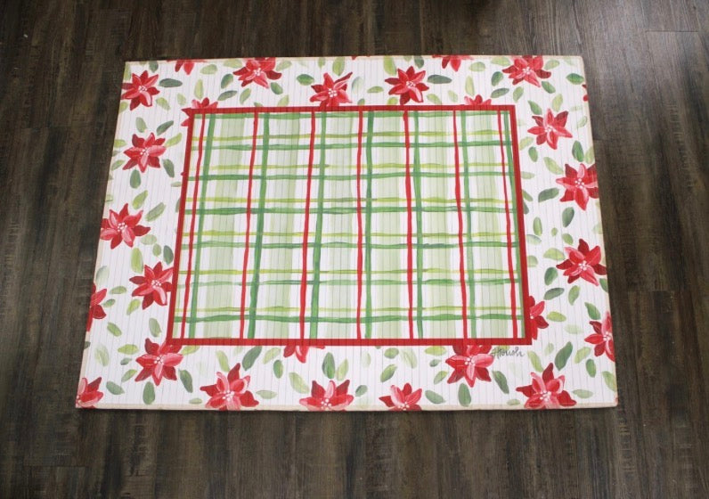 47x35" Bamboo Mat, Poinsettia Border, Plaid Center