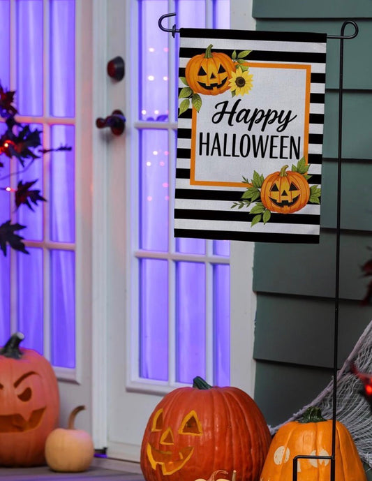 Happy Halloween Striped Jack O' Lanterns Burlap Garden Flag