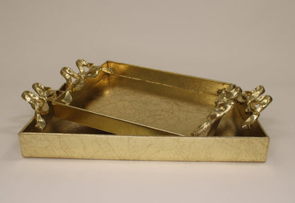 Gilded Gold Metal Trays with Bow Handles, 21x12x4, 17x10x3"