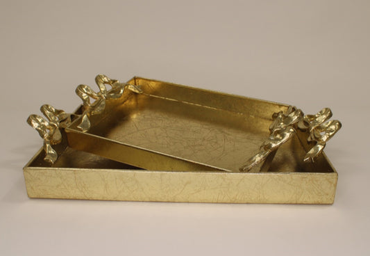 Gilded Gold Metal Trays with Bow Handles, 21x12x4, 17x10x3"