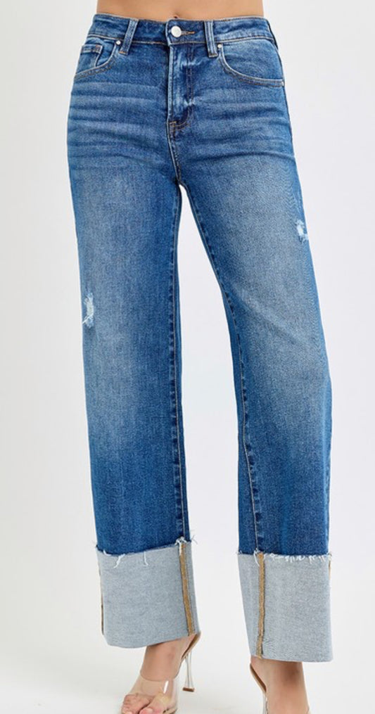 Plus Size Risen High Rise Wide Cuffed Jeans