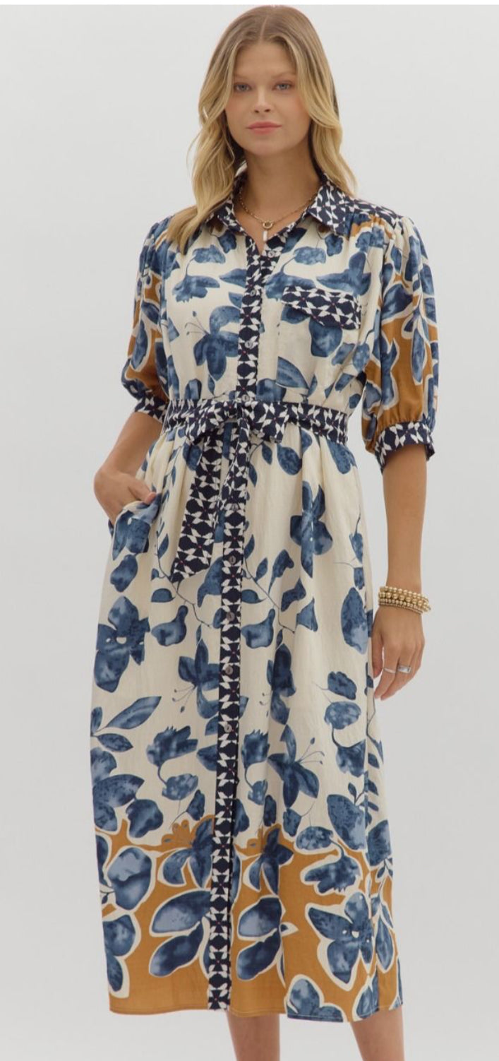 Slate Blue Botanical Print Dress