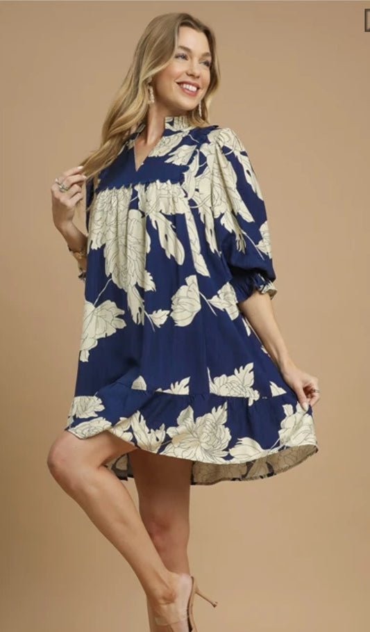 Navy Floral Tiered Babydoll Dress
