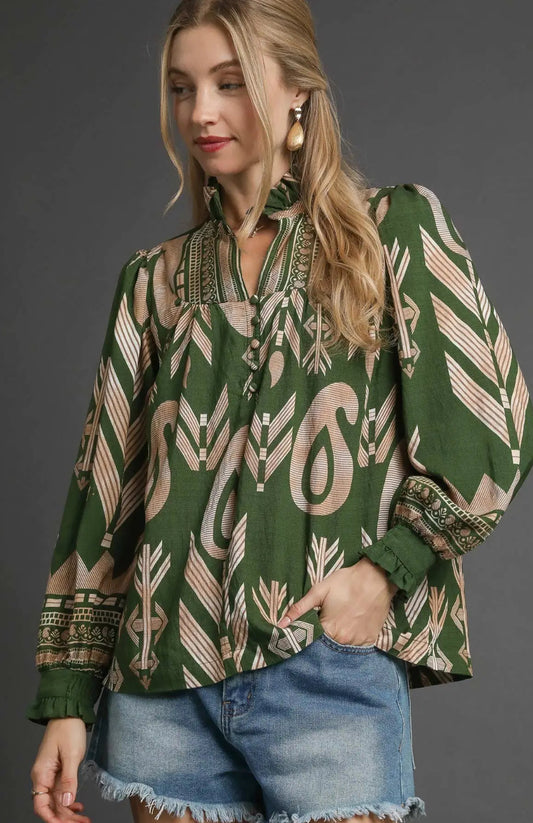 Boho Print Ruffle Neck Blouse by Umgee