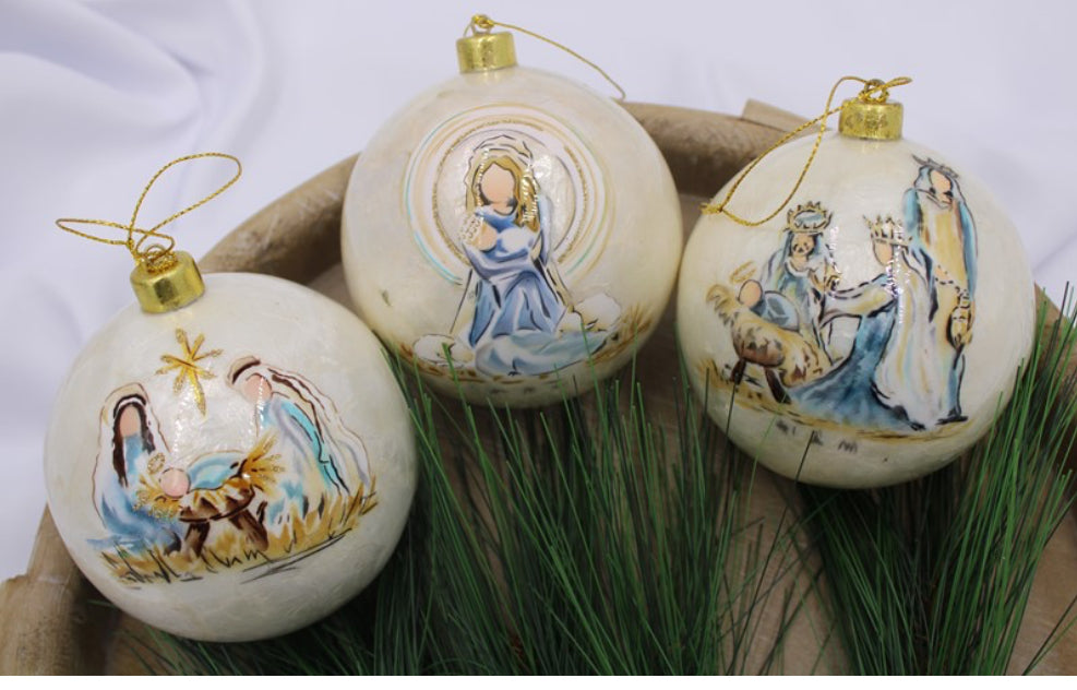 4" Handpainted Capiz Ball Ornament Blue Nativity Scenes