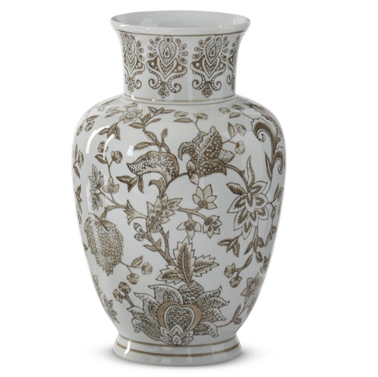 11.75 Inch Taupe & White Porcelain Chinoiserie Vase