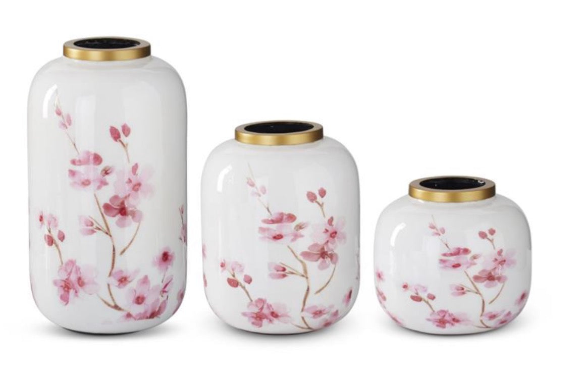 White & Pink Cherry Blossom Enameled Vases