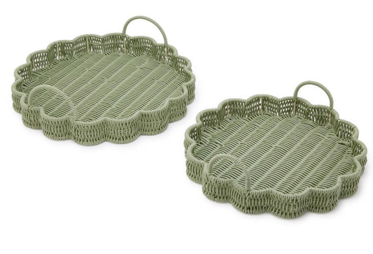 All Weather Wicker Scalloped Edge Green Round Serving Tray with Handles- Plastic/Iron