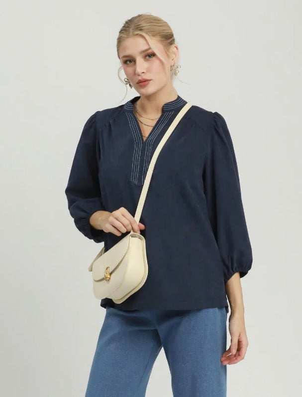 Sueded Split Neck Blouse with Contrast Stitching