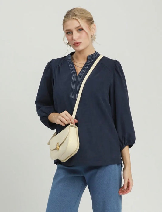 Sueded Split Neck Blouse with Contrast Stitching