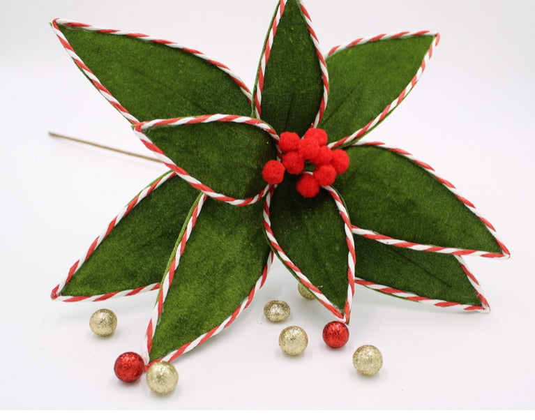 14x26.5" Green Velvet Poinsettia Stem with Red and White Trim, Pom Pom Center