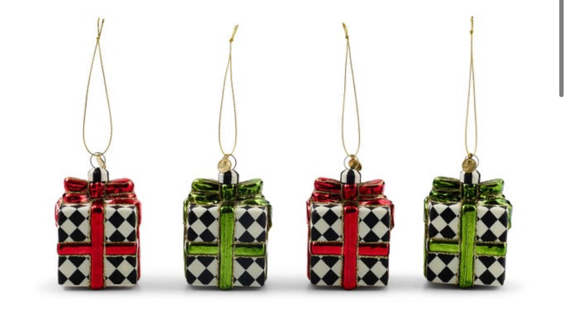 Red & Green Giftbox Glass Ornaments, Set Of 4