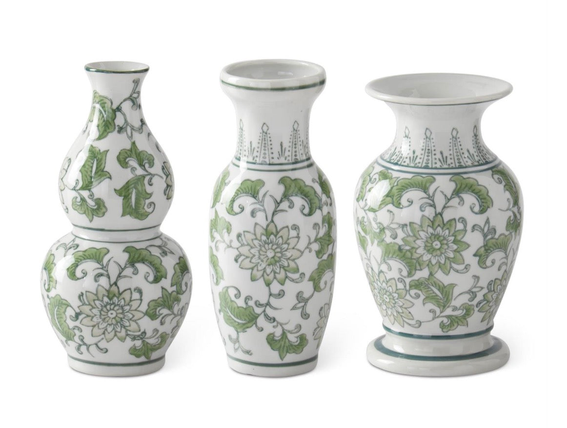 Green & White Ceramic Chinoiserie Bud Vases