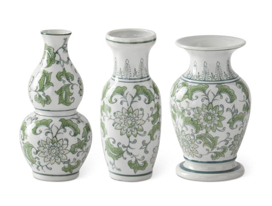 Green & White Ceramic Chinoiserie Bud Vases