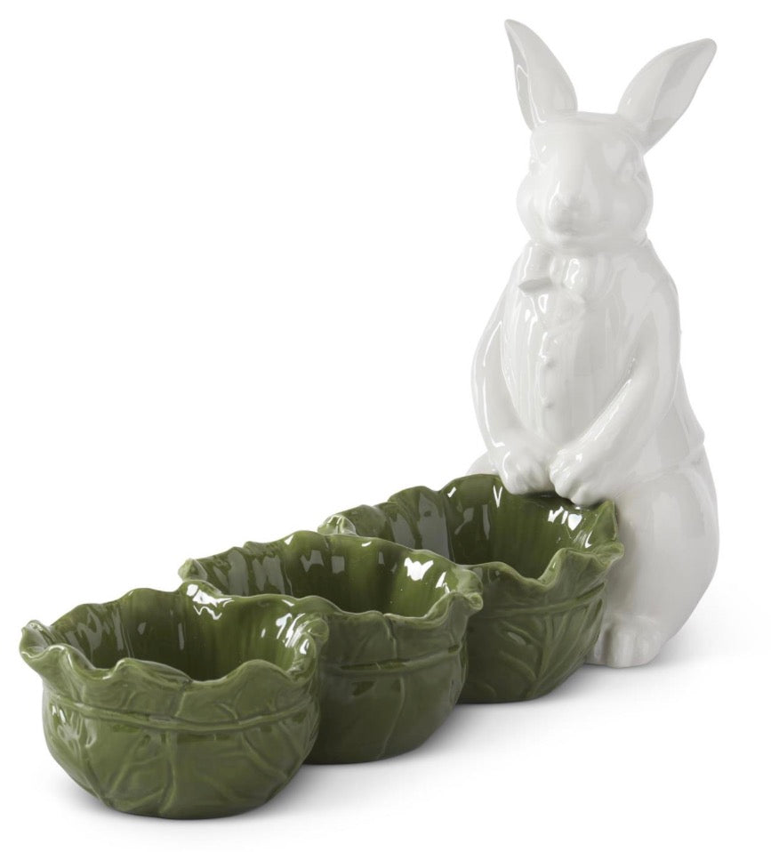 16 Inch White & Green Dolomite Divided Cabbage Bowls w/Rabbit