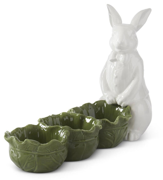 16 Inch White & Green Dolomite Divided Cabbage Bowls w/Rabbit