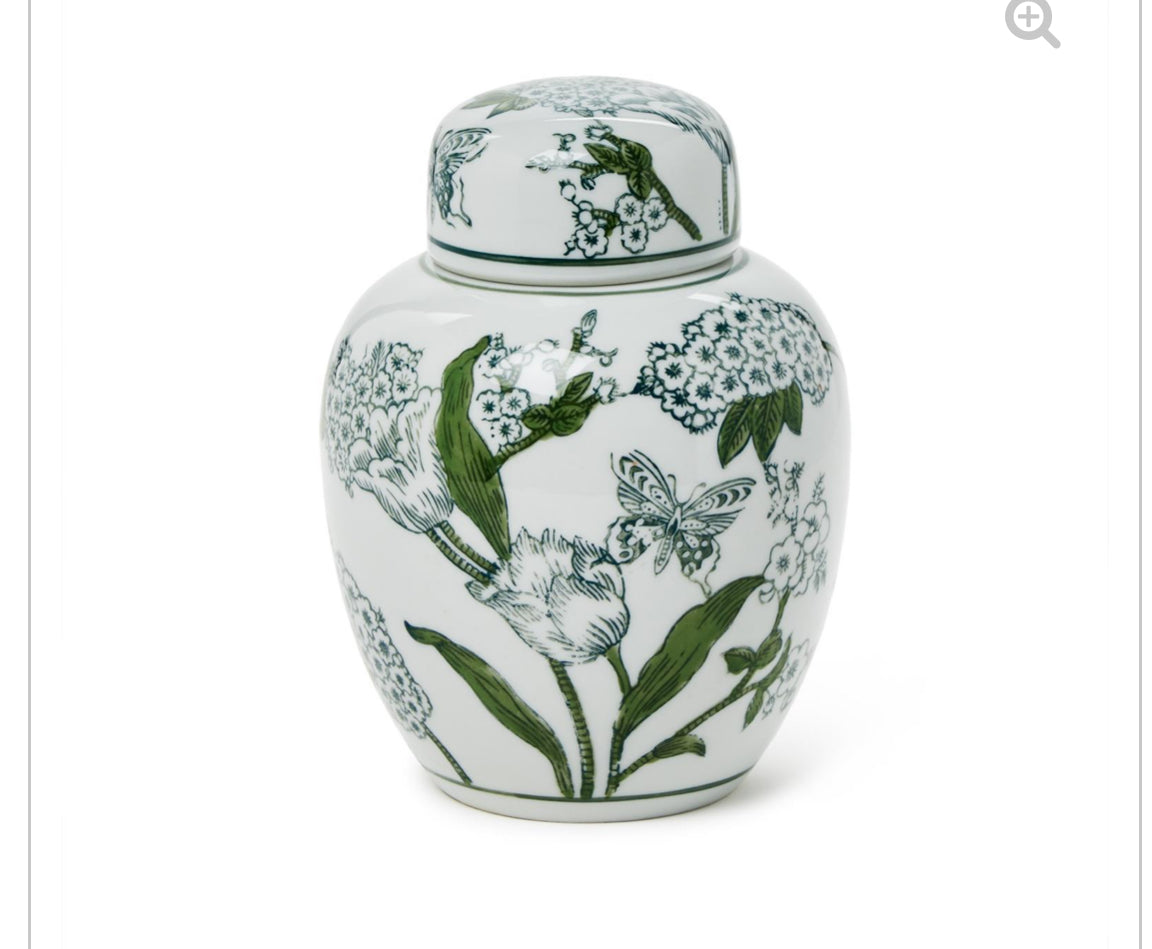 7 1/2" Primrose and Lotus Green and White Chinoiserie Ginger Jar with Lid