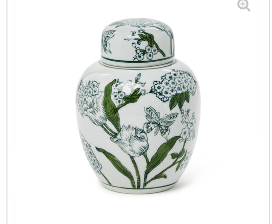 7 1/2" Primrose and Lotus Green and White Chinoiserie Ginger Jar with Lid