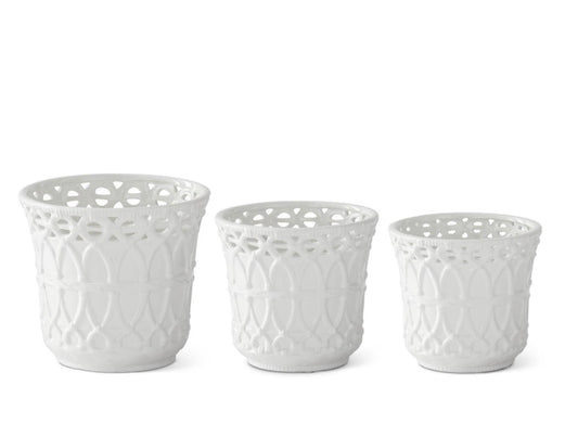 White Ceramic Basket Weave Embossed Pots