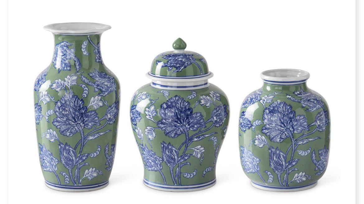 Blue Green & White Floral Ceramic Vases