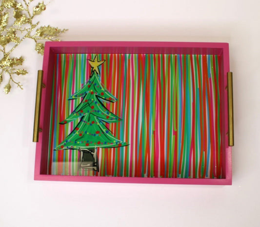 16x12" Wood Tray w Gold Handles, Multi Stripes Christmas Tree