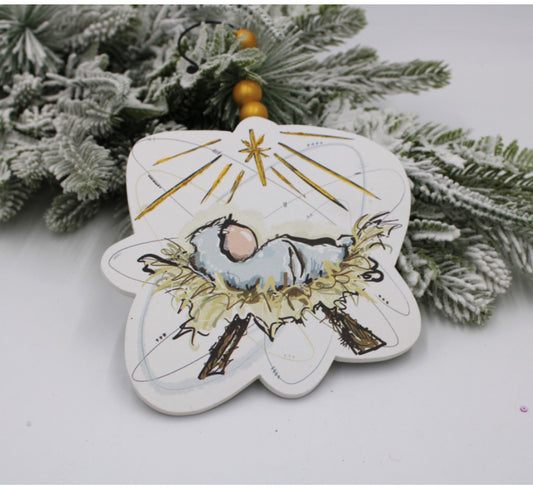 6" Hand Embellished Cutout Wood Manger Ornament