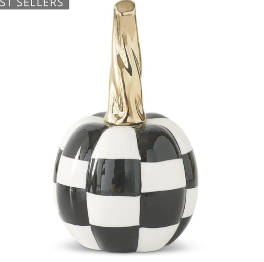 6.75 Inch White & Black Checkered Ceramic Pumpkin w/Twisted Gold St