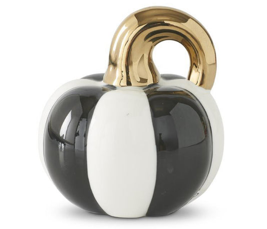 3.25 INCH WHITE & BLACK STRIPED CERAMIC PUMPKIN W/GOLD STEM