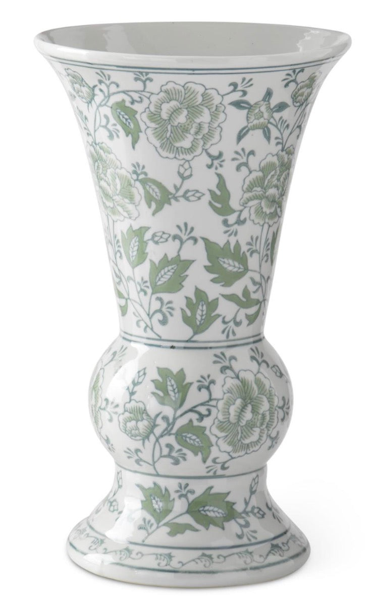 14 Inch Green & White Floral Ceramic Vase