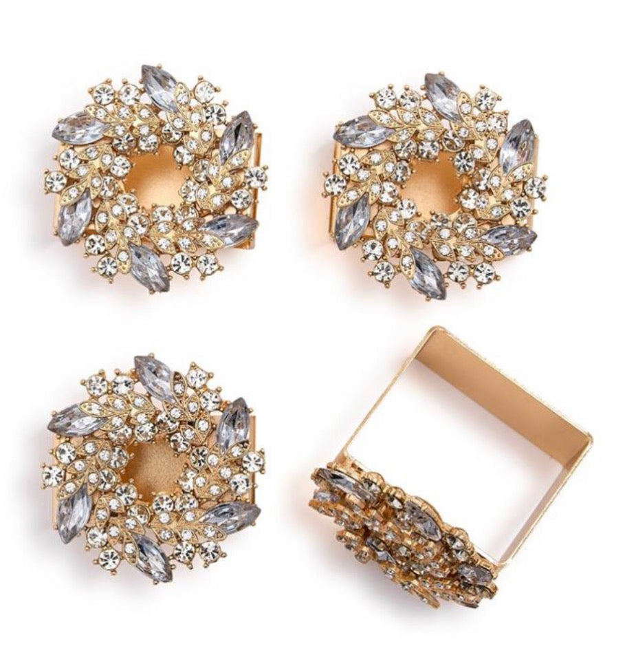 Set of 4 Jeweled Wreath Square Napkin Rings in Gift Box