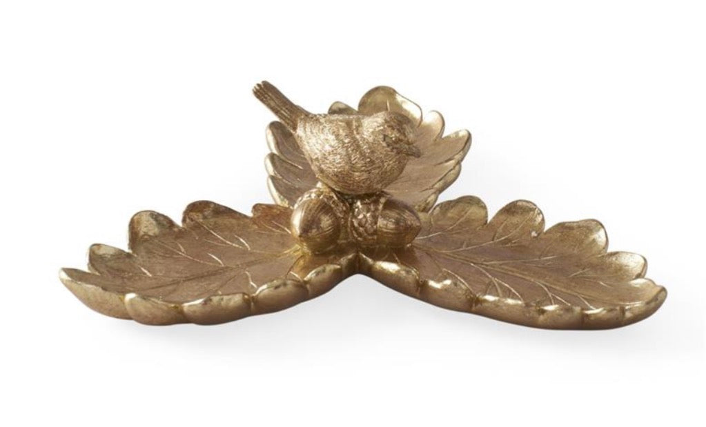8.75 Inch Gold Resin Leaf Tray w/Bird